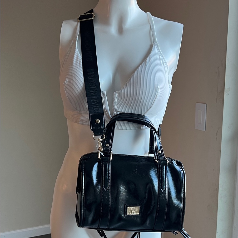 Madden NYC Women's Soft Zipper Satchel Handbag, Black Shine.